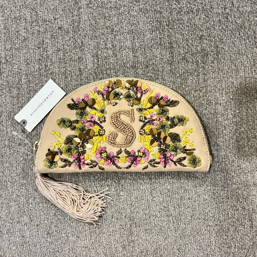 Anthropologie Beige Embellished Tassel Key & Card Holder